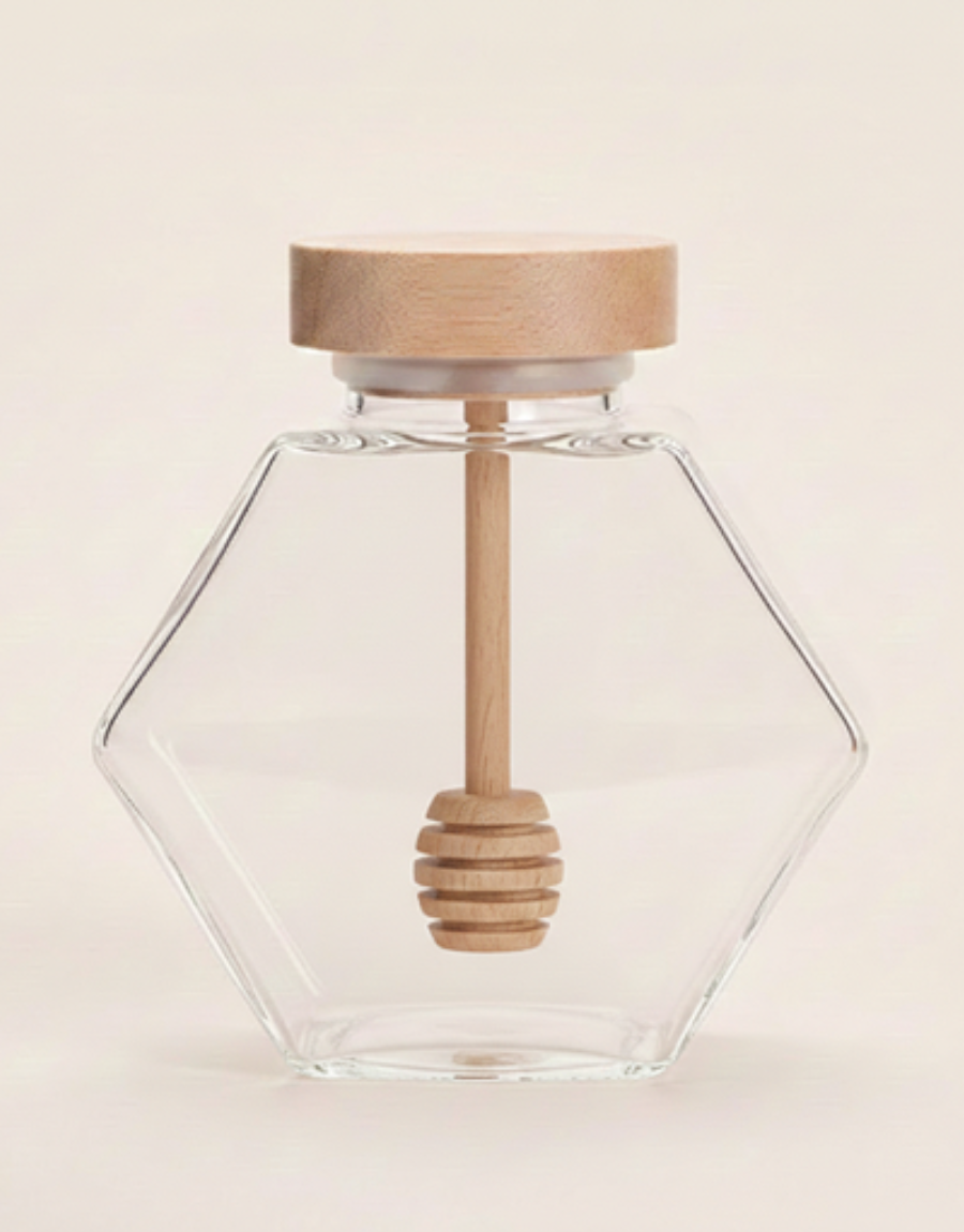Pot de Miel en Verre de Forme Hexagonale – 220ml